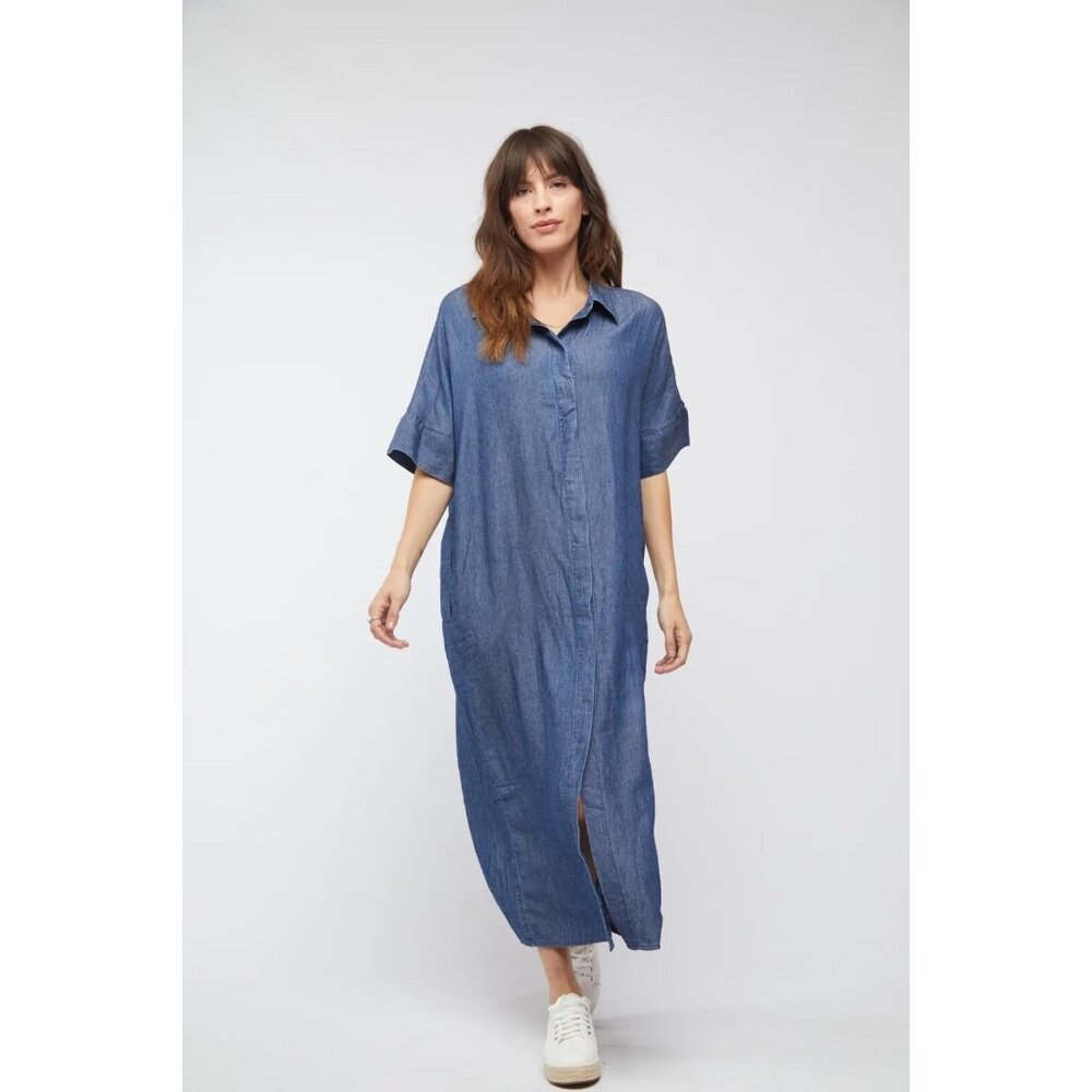 Oliver Logan Oversized Vista Tunic Maxi Dress Denim Short Sleeve Size Small